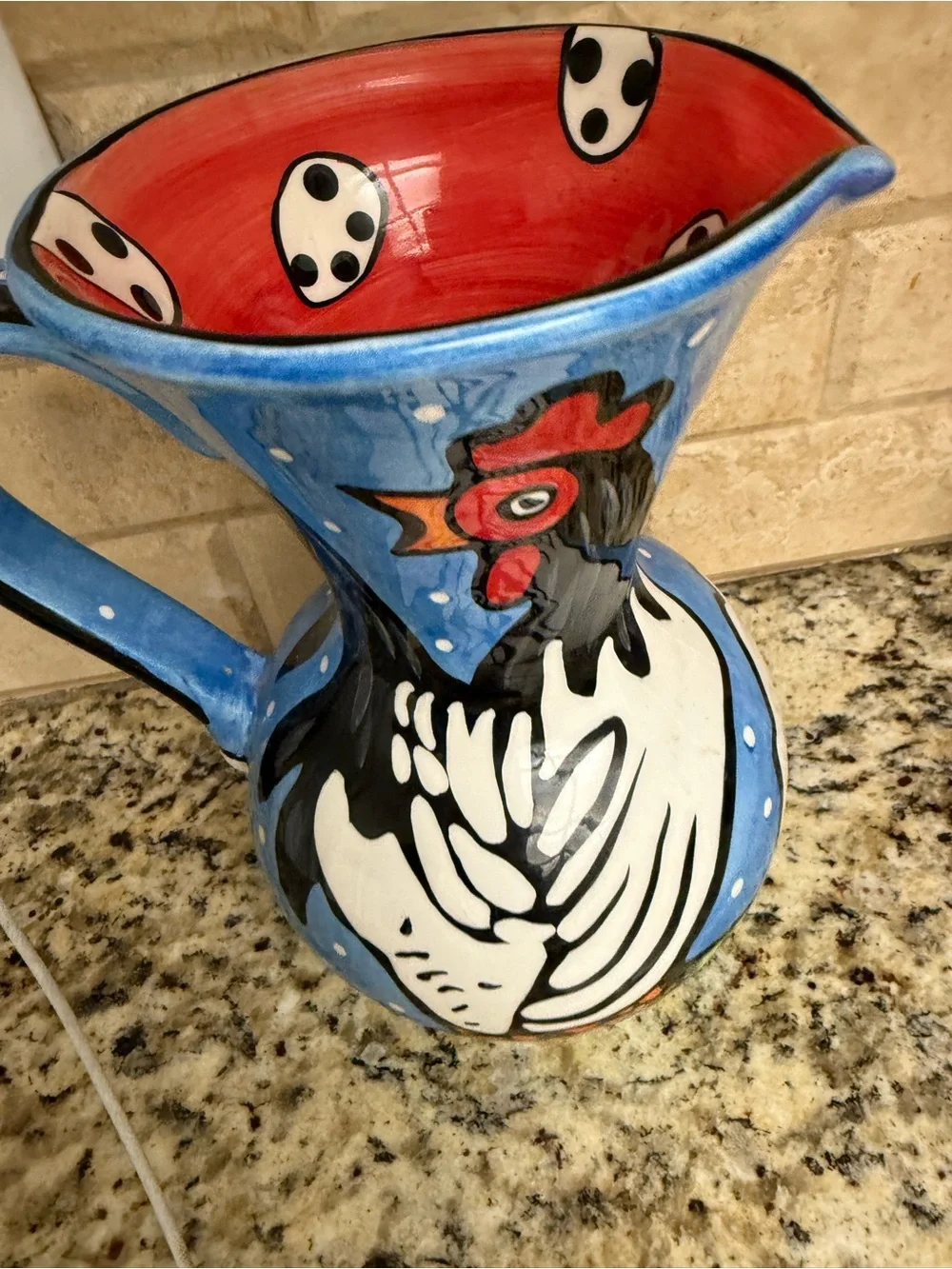 Hand-Painted Blue Ceramic Rooster Pitcher - Decorative Serveware